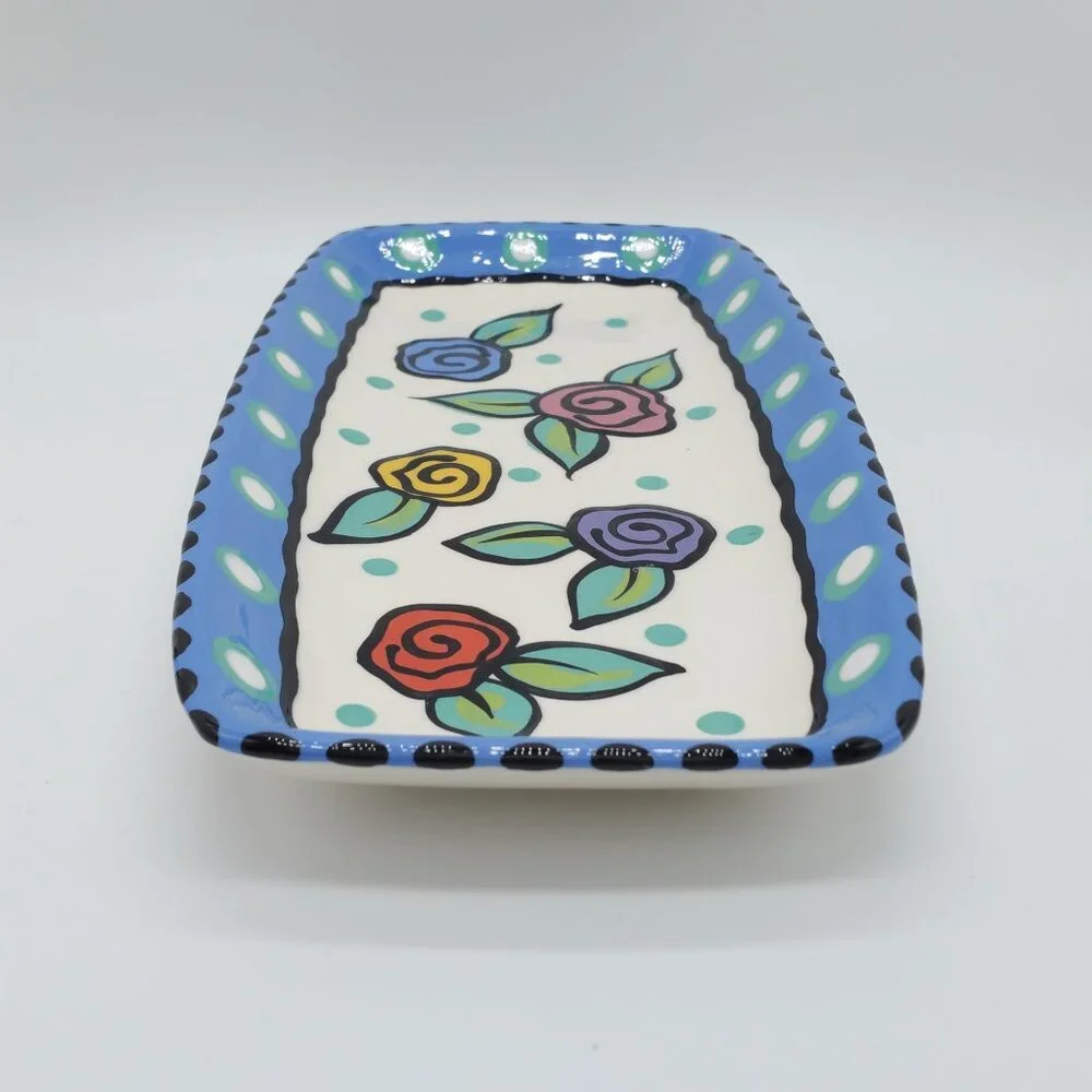 Chris Bubany Hand-Painted Art Pottery Ceramic Floral Platter Tray 10